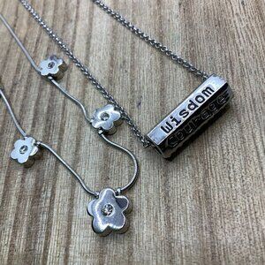 Lia Sophia Dainty Block Affirmation & Little Flowers Silver Tone BUNDLE Necklace